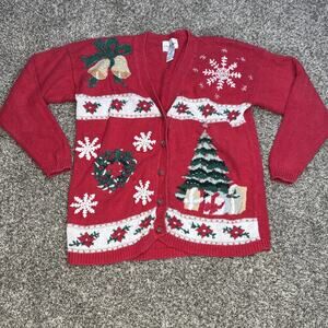 Vintage Women’s Carly St. Claire Red Christmas Knitted‎ Button Up Sweater Size M